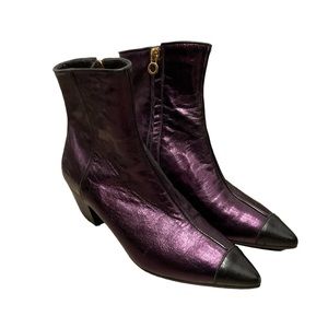 Lautrechose Vintage Purple Metallic Leather Cap Toe Ankle Boots Booties Shoes 36